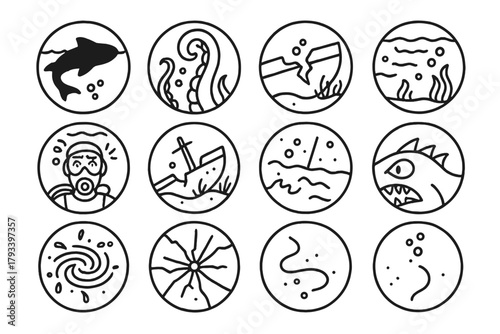 Underwater Fear Icons. Line style round icons of underwater fear: giant shadow, curled tentacle, broken hull, diver panic; bubble