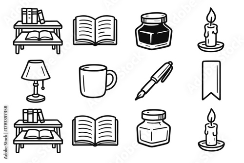 Lamp ink vector open icon study pen desk book candle bookmark collection
