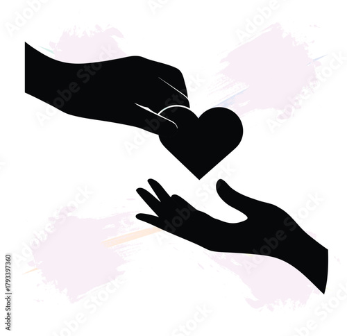 Hand giving heart to another hand symbolizing love care support and kindness with a textured background