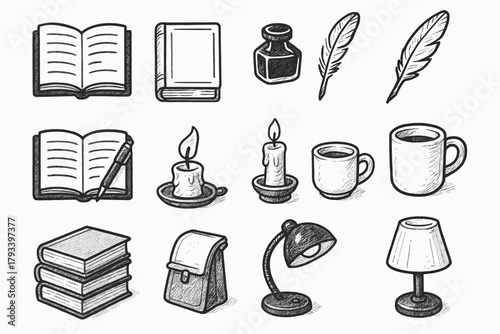 Stack ink writing candle cozy essentials vector books lamp feather icon bottle