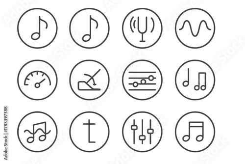 Musical Tone Icons. Line style round icons of tone and pitch: high note, low note, tuning fork, wave height; sound meter, pitch