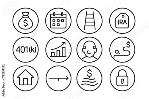 Retirement Planning Icons. Line style round icons of retirement planning: pension icon, calendar year, goal ladder, IRA tag; 401(k