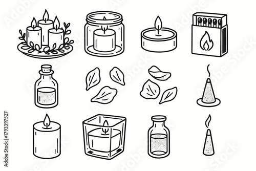 Set jar wax candle vector incense light matchbox petals bottle icon tea