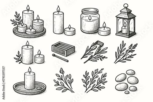 Pebbles icon arrangement jar icons vector matchbox tea herbs tray candle pillar