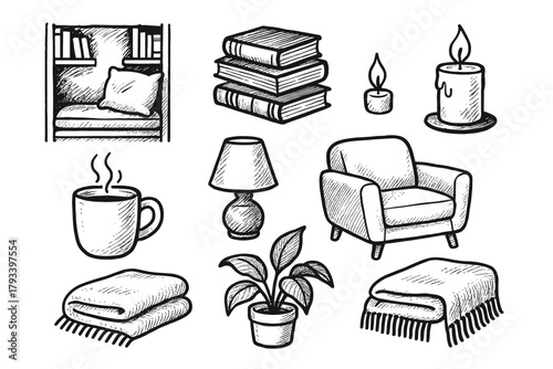 Warm nook candle cozy books mug comfy reading vector blanket icon lamp