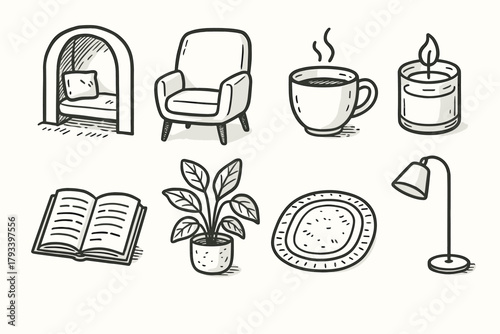 Icon plant lamp icons cup cozy floor open vector space reading chair
