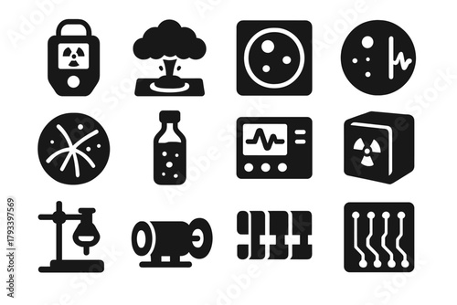 Nuclear Experiment Icons. Solid style icons of nuclear experiments: detector, cloud chamber, bubble chamber, scintillation counter