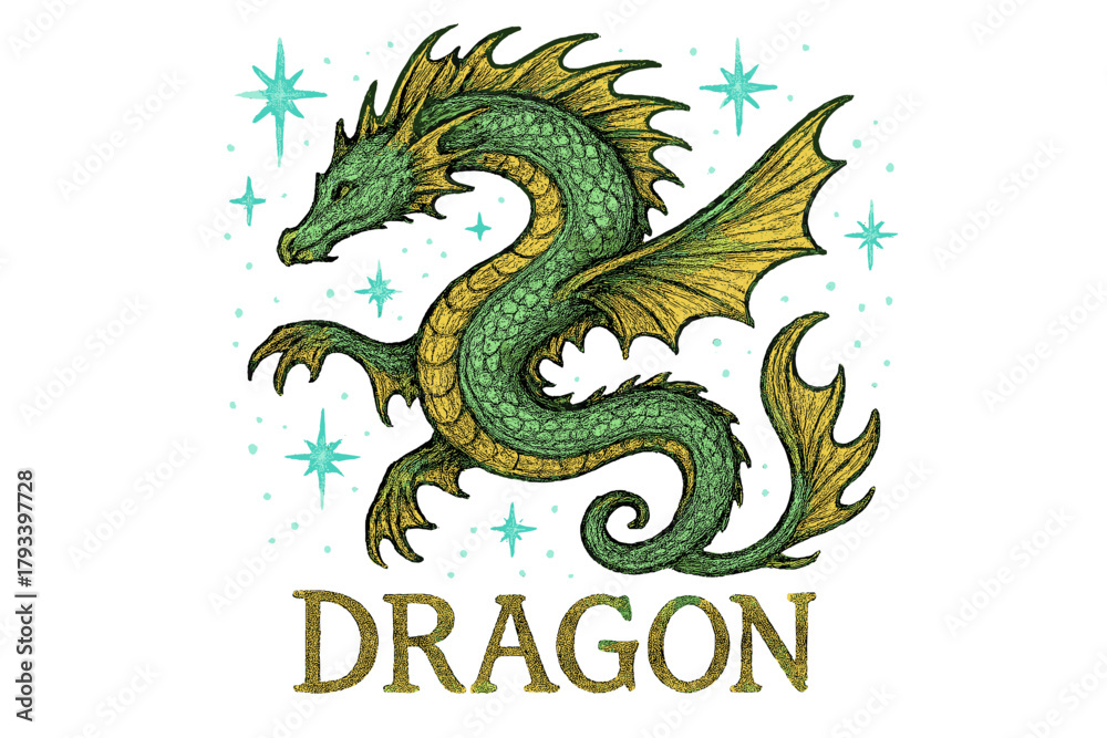 Obraz premium Sea Dragon Illustration. Hand-drawn sea dragon in green and gold with turquoise sparks, glowing stars, center word “Dragon”,