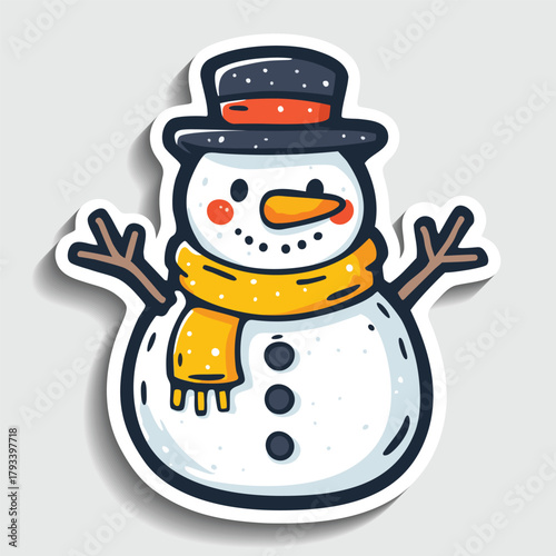Cute Snowman Sticker. Cartoon Happy Winter Character with Hat and Scarf Vector Illustration.