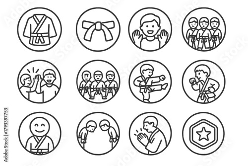 Youth Karate Icons. Line style round icons of youth karate: small gi, beginner belt, cheering parent, dojo group; high five, class