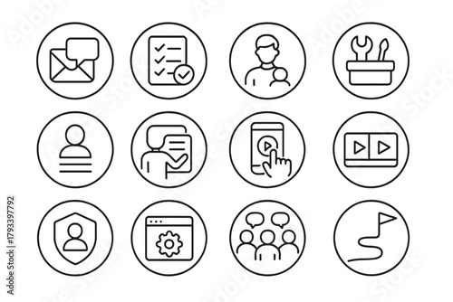 Remote Onboarding Icons. Line style round icons of remote onboarding: welcome message, checklist, mentor icon, tools kit; profile