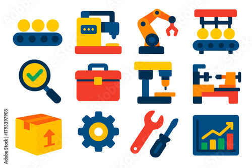 Manufacturing Engineering Icons. Flat vector icons of manufacturing engineering: conveyor belt, factory machine, robotic arm,