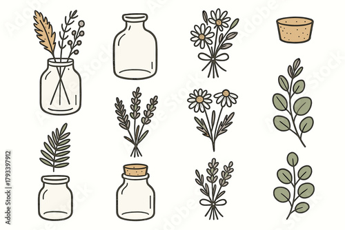 Bottle jar tied bouquet icon arrangement floral dried vector bunch flowers leaves