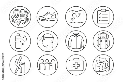 Climbing Preparation Icons. Line style round icons of climbing preparation: gear list, training shoe, map plan, checklist; water