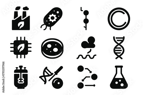 Synthetic Biology Icons. Solid style icons of synthetic biology: biofactory, engineered microbe, genetic circuit, plasmid,