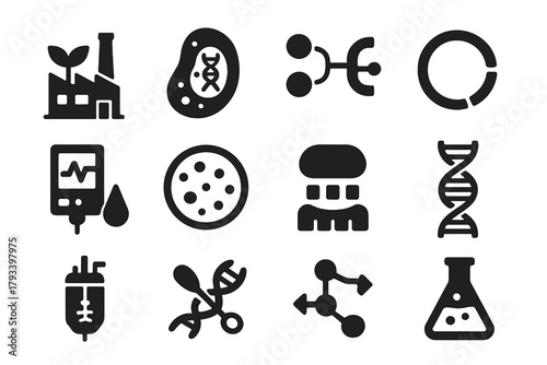 Synthetic Biology Icons. Solid style icons of synthetic biology: biofactory, engineered microbe, genetic circuit, plasmid,