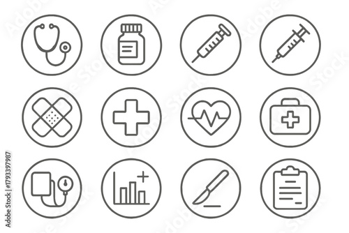 Medical Essentials Icons. Line style round icons of medical essentials: stethoscope icon, pill bottle, thermometer, syringe;