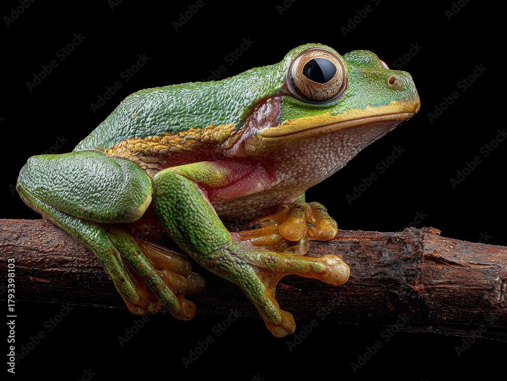 Obraz premium Green tree frog perched on branch in macro