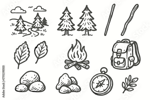 Campfire icons backpack scenic compass icon forest vector stones fir leaves items