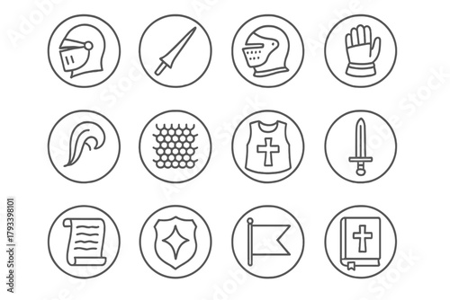 Knightly Honor Icons. Line style round icons of knightly honor: helmet, lance, visor, gauntlet; plume, chainmail, tabard, sword;
