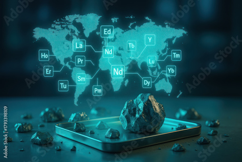 Aerial view of rare earth elements research sample metal tray with mineral rock and glowing world map highlighting scientific extraction sites conveying global scientific research impact