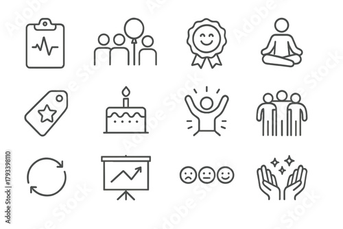 Employee Engagement Icons. Line style round icons of employee engagement: pulse survey, team event, smile badge, wellness icon;