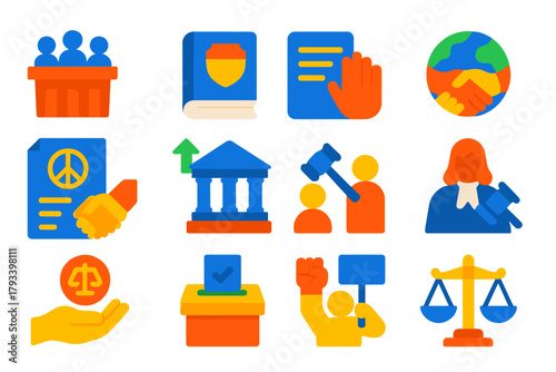 Global Legal Icons. Flat vector icons of Global Legal Concepts: Democracy, Constitution, Human Rights Charter, International