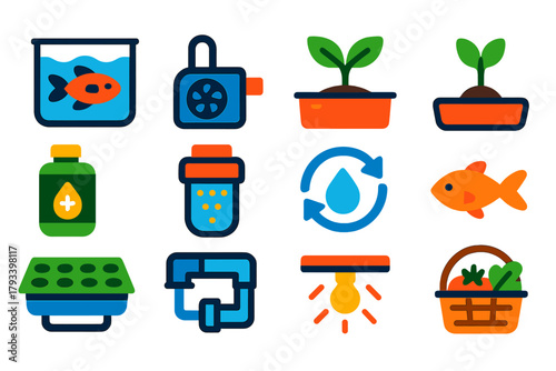Aquaponics System Icons. Flat vector icons of Aquaponics Systems: Fish Tank, Water Pump, Grow Bed, Plant Seedling, Nutrient
