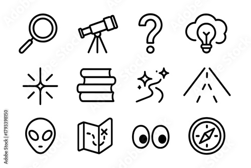 Curiosity Icons Exploration. Line style round icons of curiosity and exploration: magnifying glass, telescope, question mark, idea