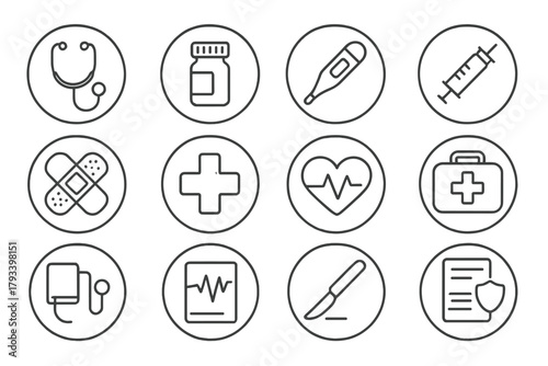 Medical Essentials Icons. Line style round icons of medical essentials: stethoscope icon, pill bottle, thermometer, syringe;