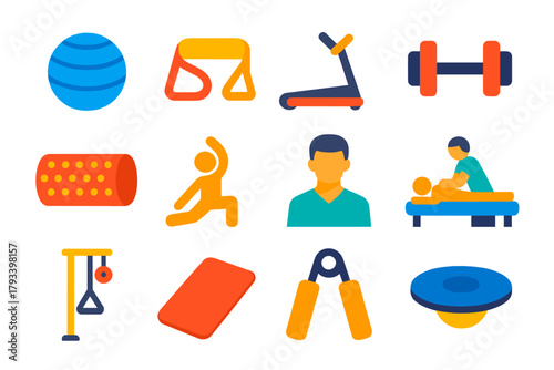 Physiotherapy Tools Icons. Flat vector icons of Physiotherapy: Exercise Ball, Resistance Band, Treadmill, Dumbbell, Foam Roller,
