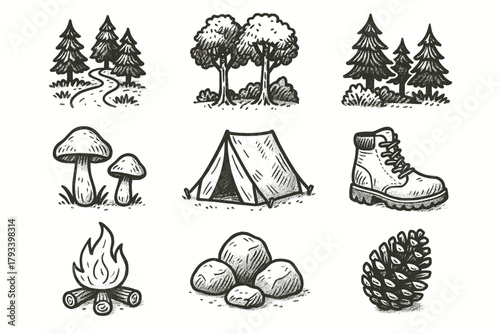Walking pinecone mushrooms forest tent stones icon vector trail icons journey quiet