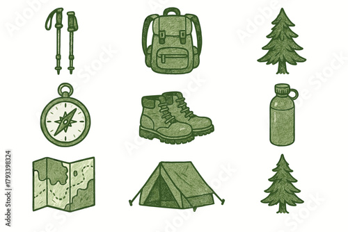 Vector tent hiking water essentials map bottle tree boots forest compass icon