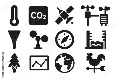Climate Monitoring Icons. Solid style icons of climate monitoring tools: thermometer, CO2 sensor, satellite, weather station, rain