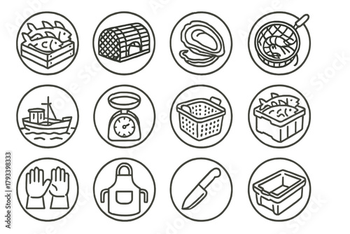 Seafood Harvest Icons. Line style round icons of seafood harvest: fish crate, lobster trap, oyster, shrimp net; boat deck, scale,