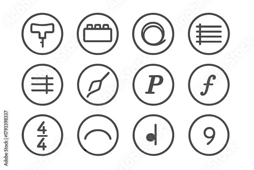 Period Music Tools Icons. Line style round icons of period music tools: tuning key, pitch pipe, string loop, notation line; bar
