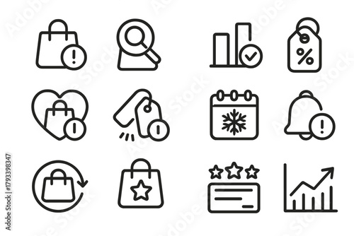 Purchase Behavior Icons. Line style round icons of purchase behavior: impulse buy, research icon, comparison graph, coupon tag;