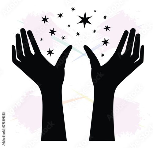 Hands reaching for stars creating magic and wonder in a cosmic scene