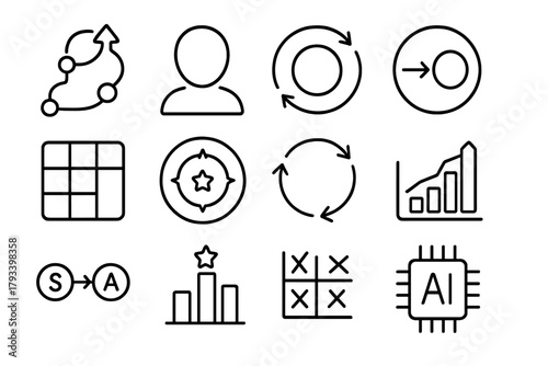 Reinforcement Learning Icons. Line style round icons of reinforcement learning: reward path, agent icon, environment loop, action