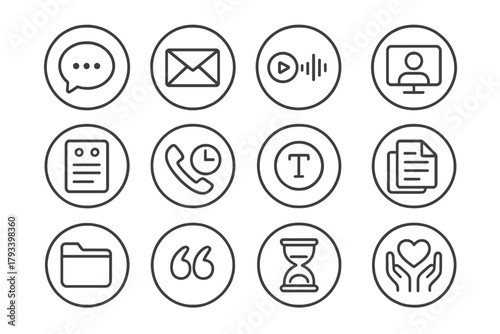 Client Communication Icons. Line style round icons of client communication: chat bubble, email icon, voice note, Zoom screen;