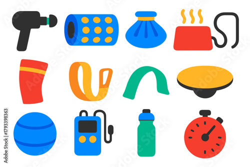 Recovery Tools Icons. Flat vector icons of Recovery Tools: Massage Gun, Foam Roller, Ice Pack, Heat Pad, Compression Sleeve,