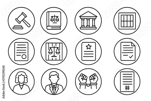 Legal Icon Set. Line style round icons of legal punishment: gavel, law book, courthouse, prison; sentence paper, barred scale,