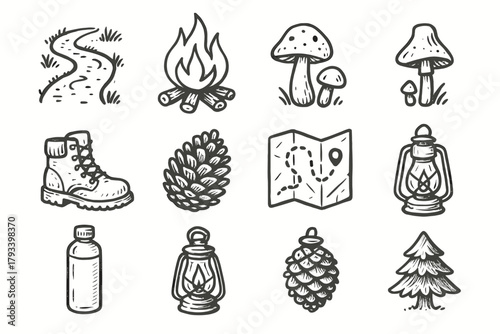 Trail map essentials stick forest tree icons adventure vector rocks shoes backpack