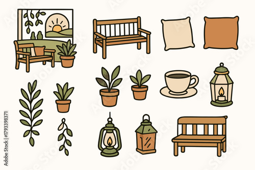 Lantern cup porch potted icons vector hanging garden icon tea morning plants