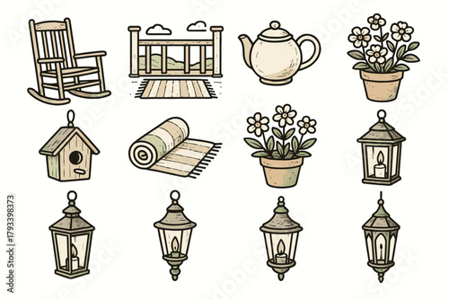 Rug potted flowers garden rocking patio items birdhouse peaceful icon vector porch