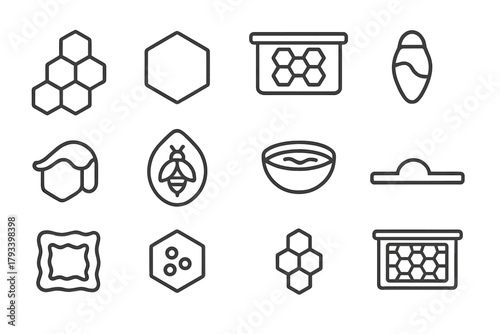 Hive Structure Icons. Line style round icons of hive structure: honeycomb, wax cell, brood frame, queen cell; capped cell, worker