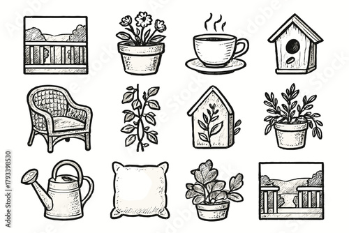 Icon birdhouse tea porch can veranda wicker icons vines vector pot calm
