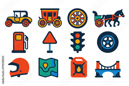 Transport History Icons. Flat vector icons of road transport history: vintage car, stagecoach, wagon wheel, horse carriage, gas