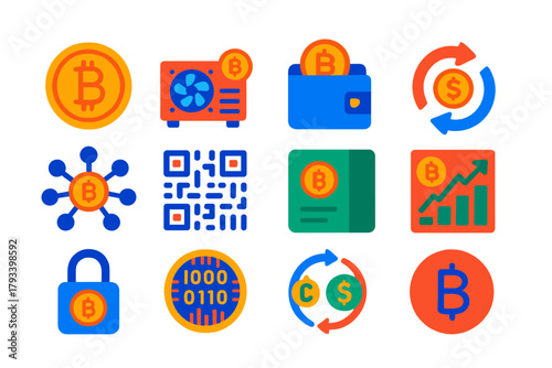 Bitcoin Icon Set. Flat vector icons of bitcoin: bitcoin coin, mining rig, wallet, transaction arrows, blockchain node, QR code,