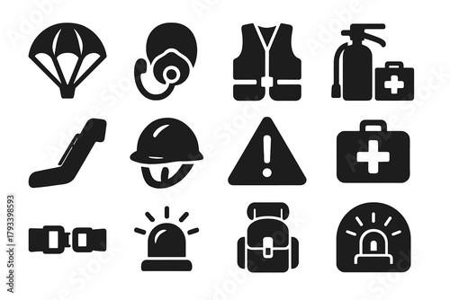 Aviation Safety Essentials Icons. Solid style icons of aviation safety: parachute, oxygen mask, life vest, fire extinguisher,